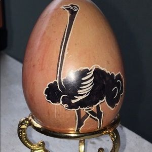 HandPainted Ostrich Egg Decor w Golden Stand